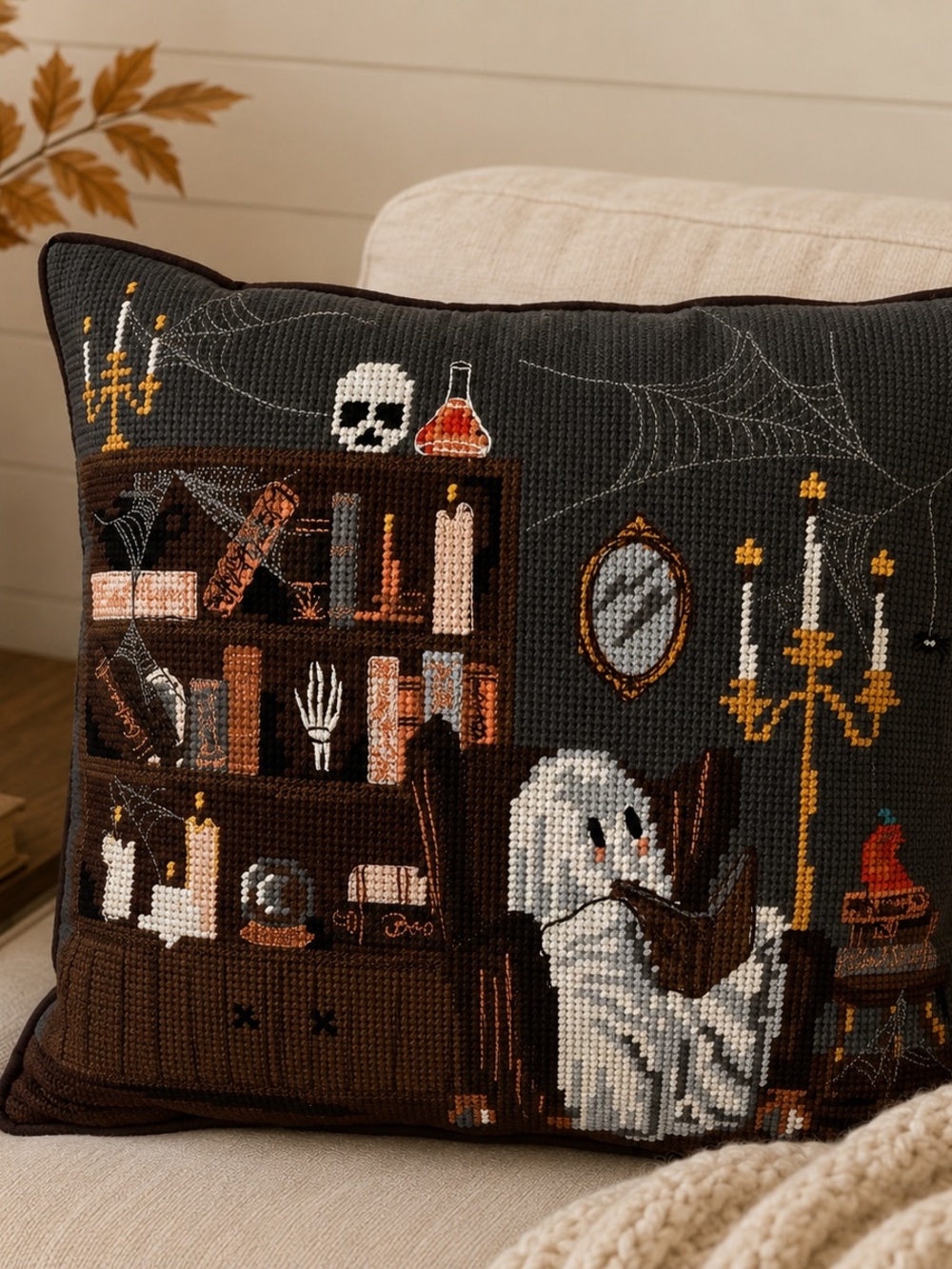 NEW Rachel Ashwell Ghost Reading Halloween Needlepoint Pillow | 14” x 14”